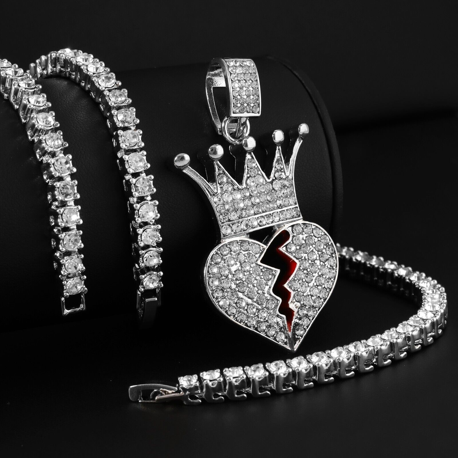 Cubic-Zirconia Broken Heart Crown Pendant Silver Plated ICED Two Tennis Chain