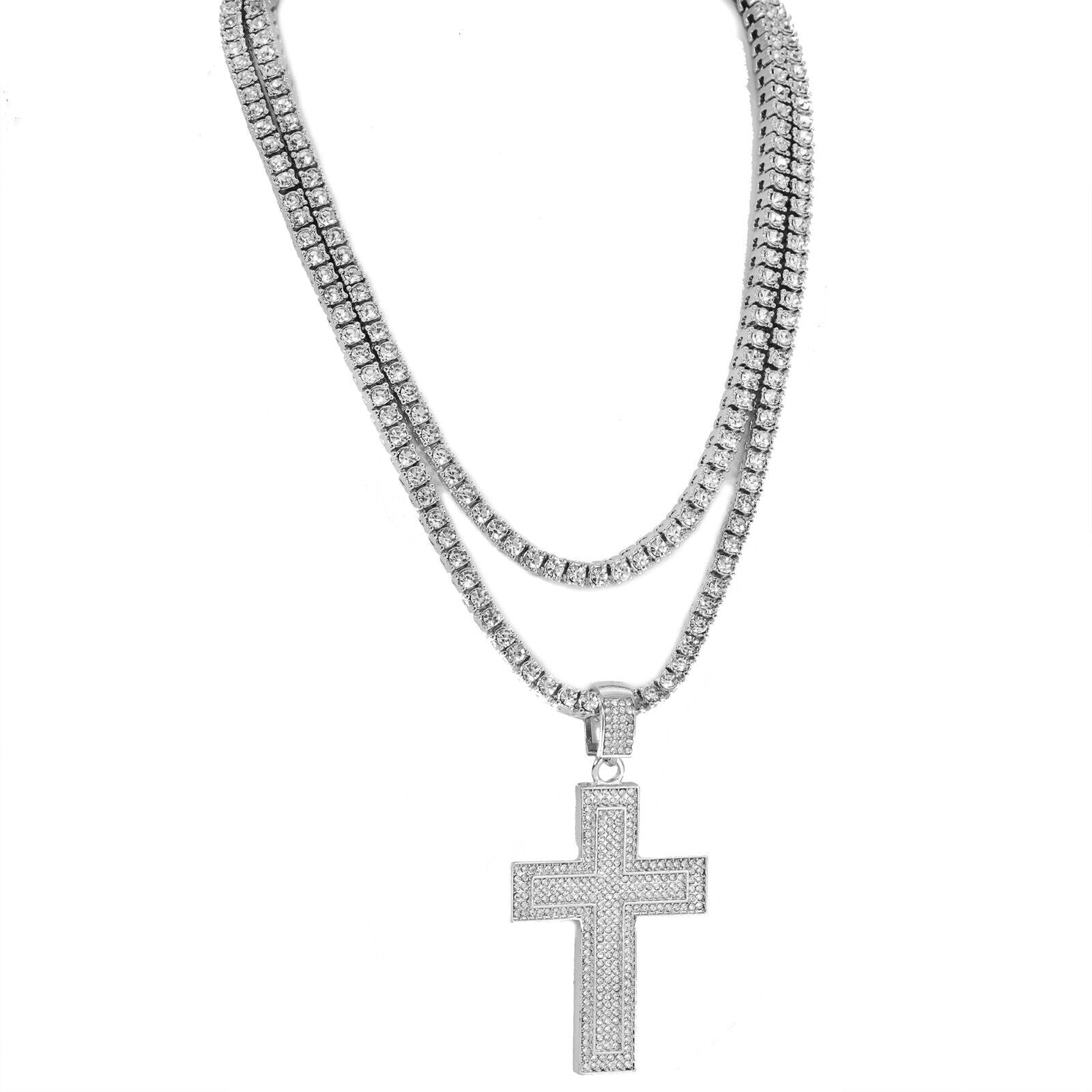 Cubic-Zirconia Two Cross Pendant Silver Plated ICED Two Tennis 18", 20" Chain