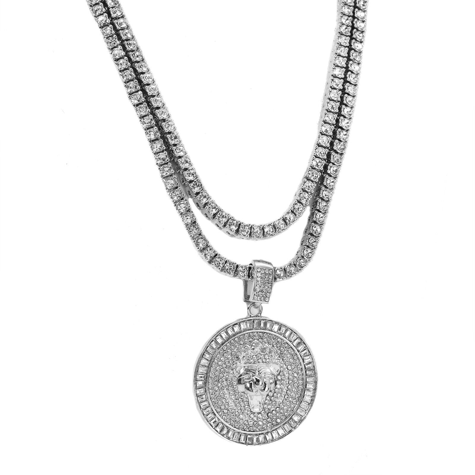 Fully Cubic-Zirconia Round Lion Pendant Silver Plated Two Tennis 18", 20" Chain